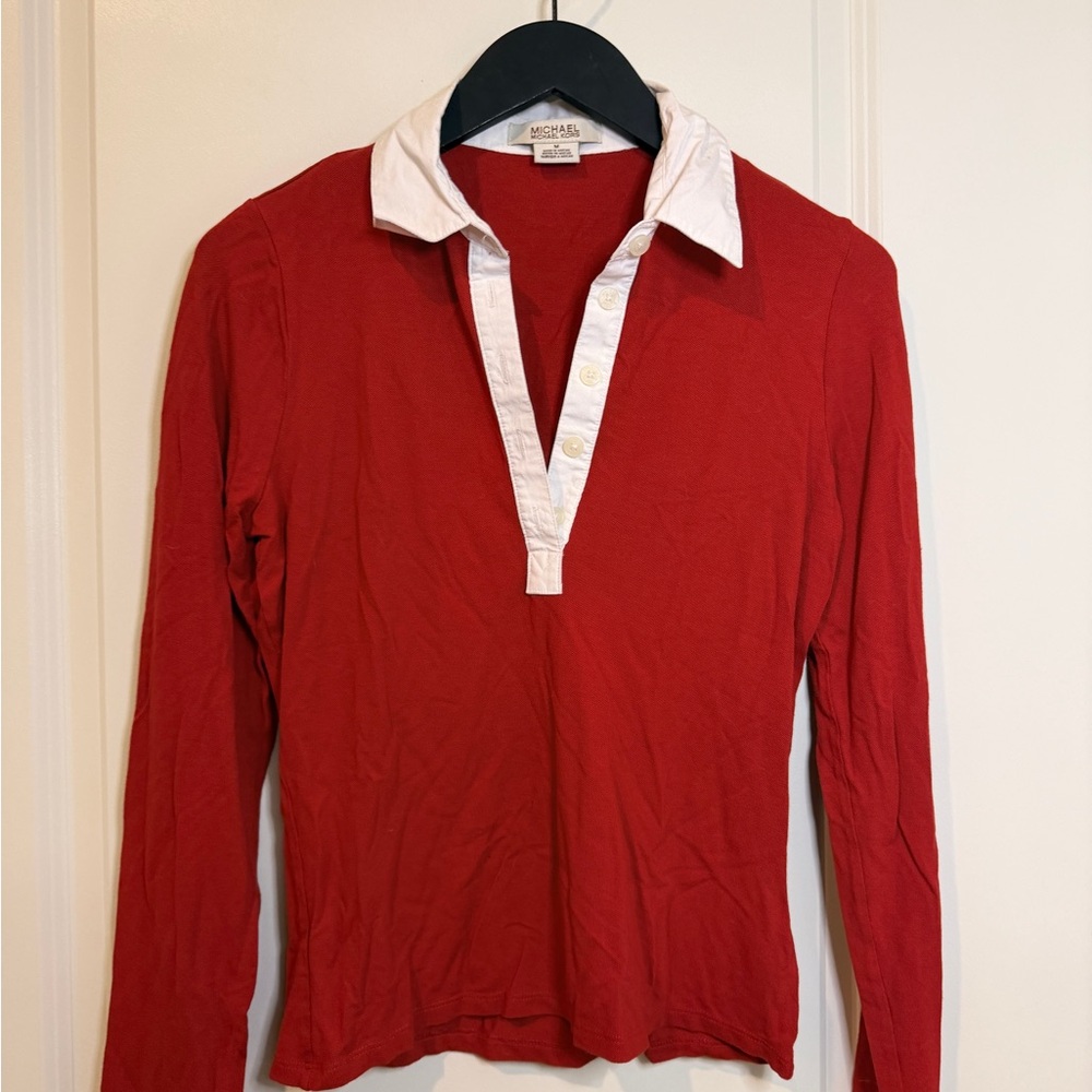 Michael Kors Red and White Long Sleeve Polo Top